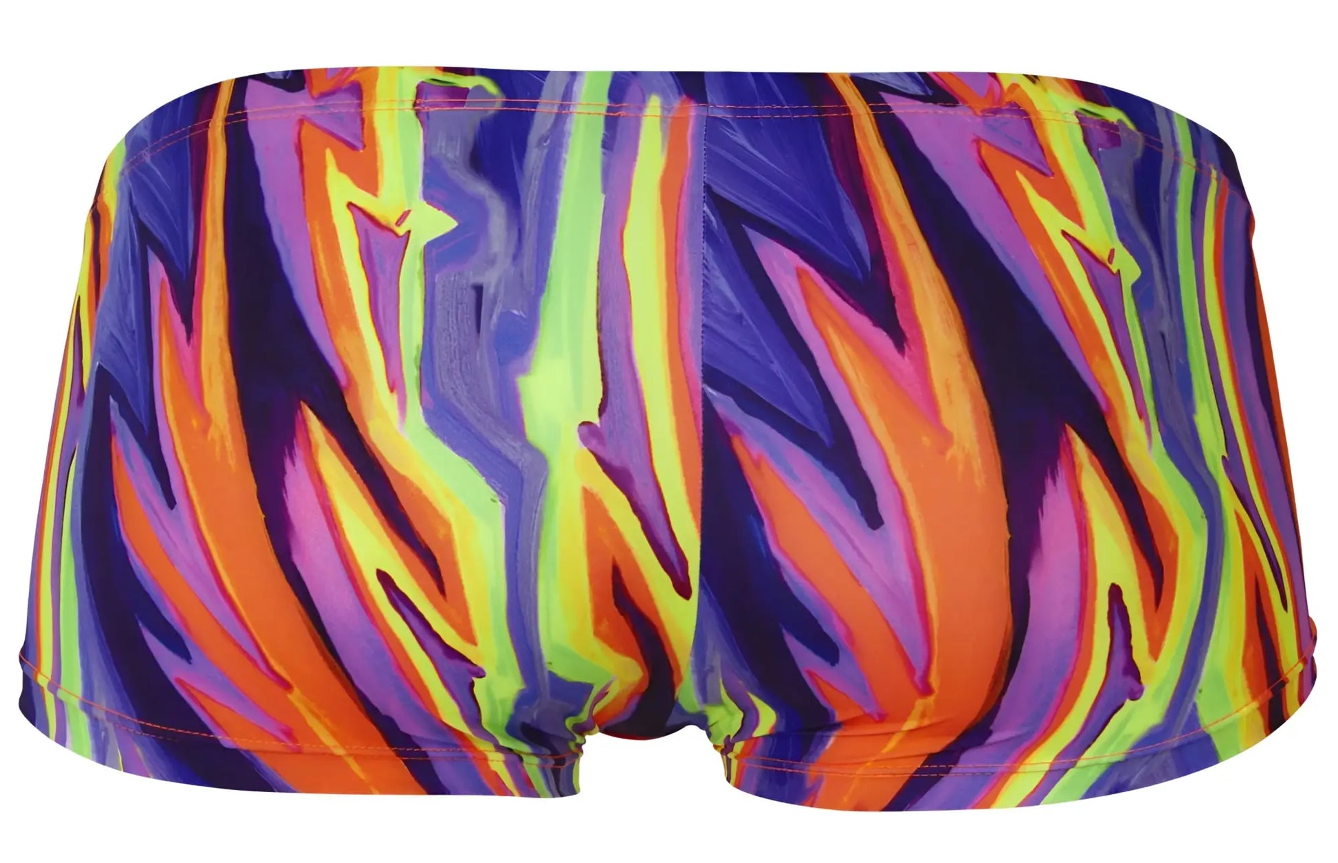 Vibrant neon-colored pikante pik 1828 abstract swim trunks with bold flame pattern in purple orange green and yellow
