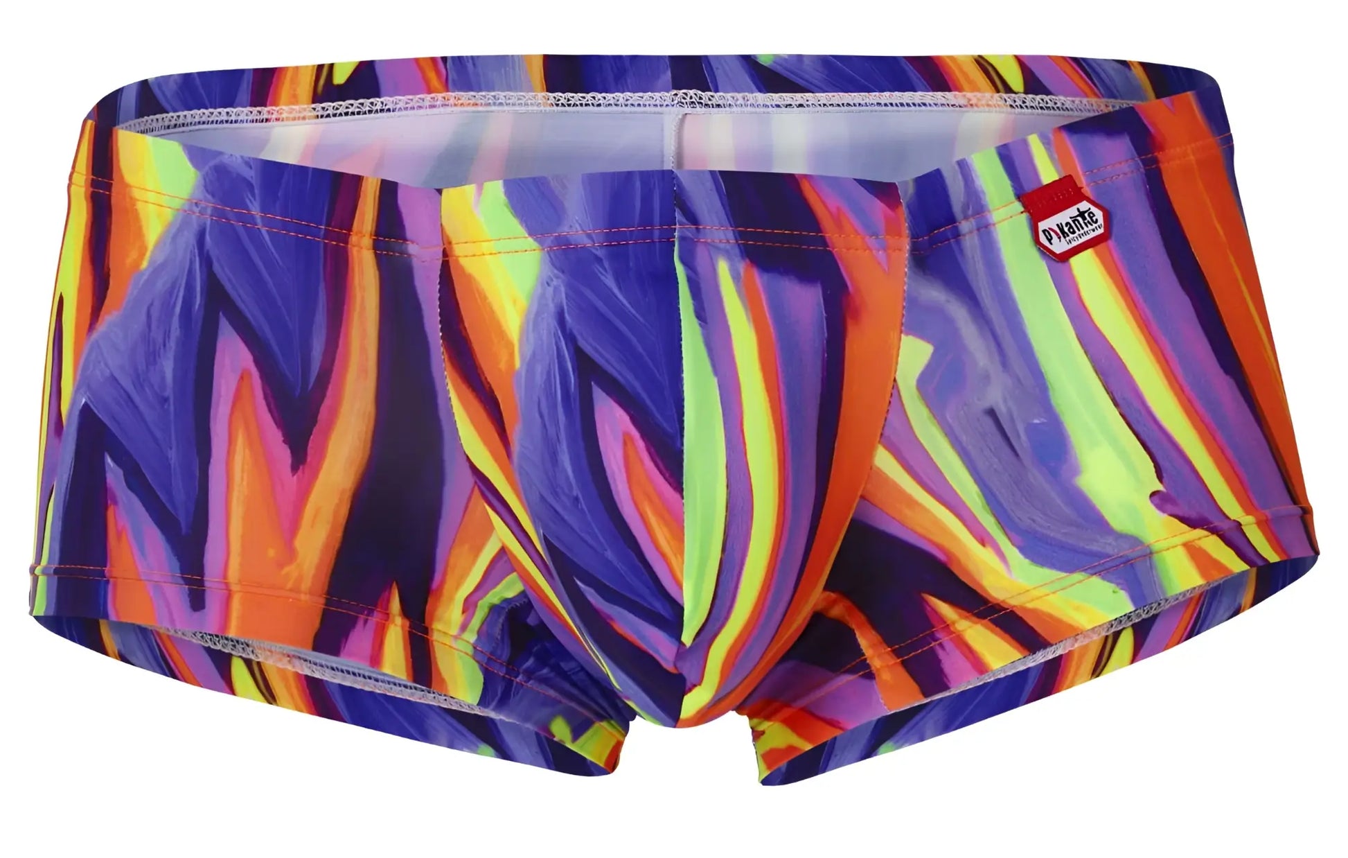 Vibrant neon-colored pikante pik 1828 abstract swim trunks in purple with bold orange yellow and green patterns