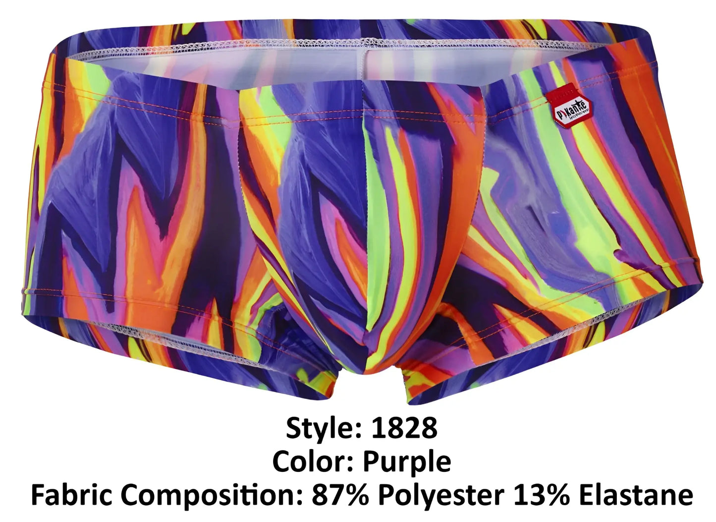 Vibrant purple pikante pik 1828 abstract trunks with neon orange yellow and electric blue flame pattern swimwear