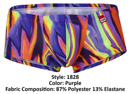 Vibrant purple pikante pik 1828 abstract trunks with neon orange yellow and electric blue flame pattern swimwear