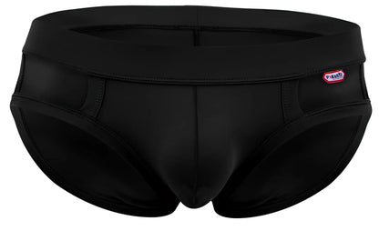 Black pikante pik 2114 lenox briefs swim trunks with smooth form fitting design and red white brand tag on waistband