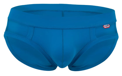 Bright blue pikante pik 2114 lenox briefs men’s swim trunks with snug contoured fit and small red brand tag on waistband