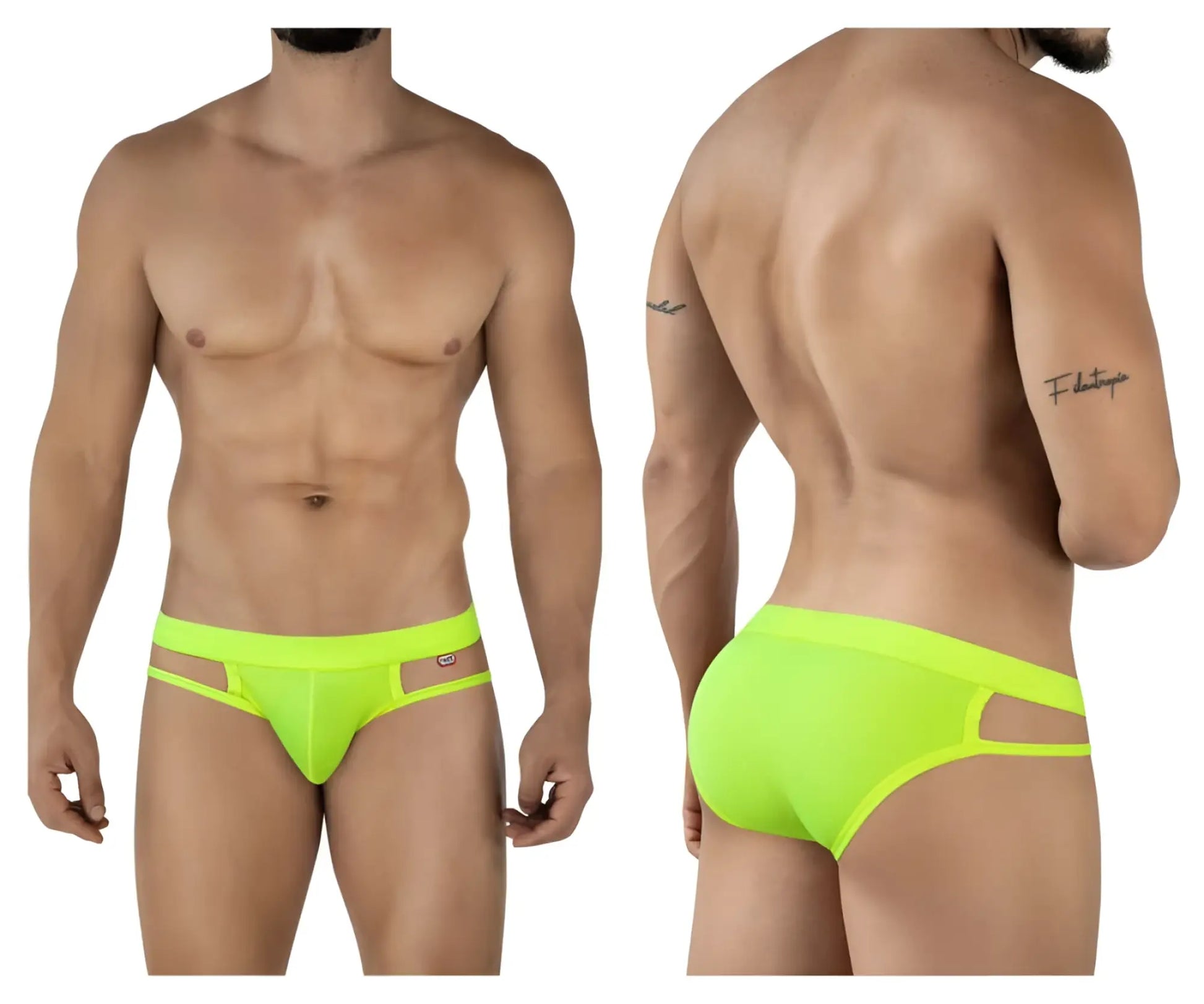 Neon green Pikante PIK 2114 Lenox briefs with athletic cut, side cutouts, and branded waistband logo