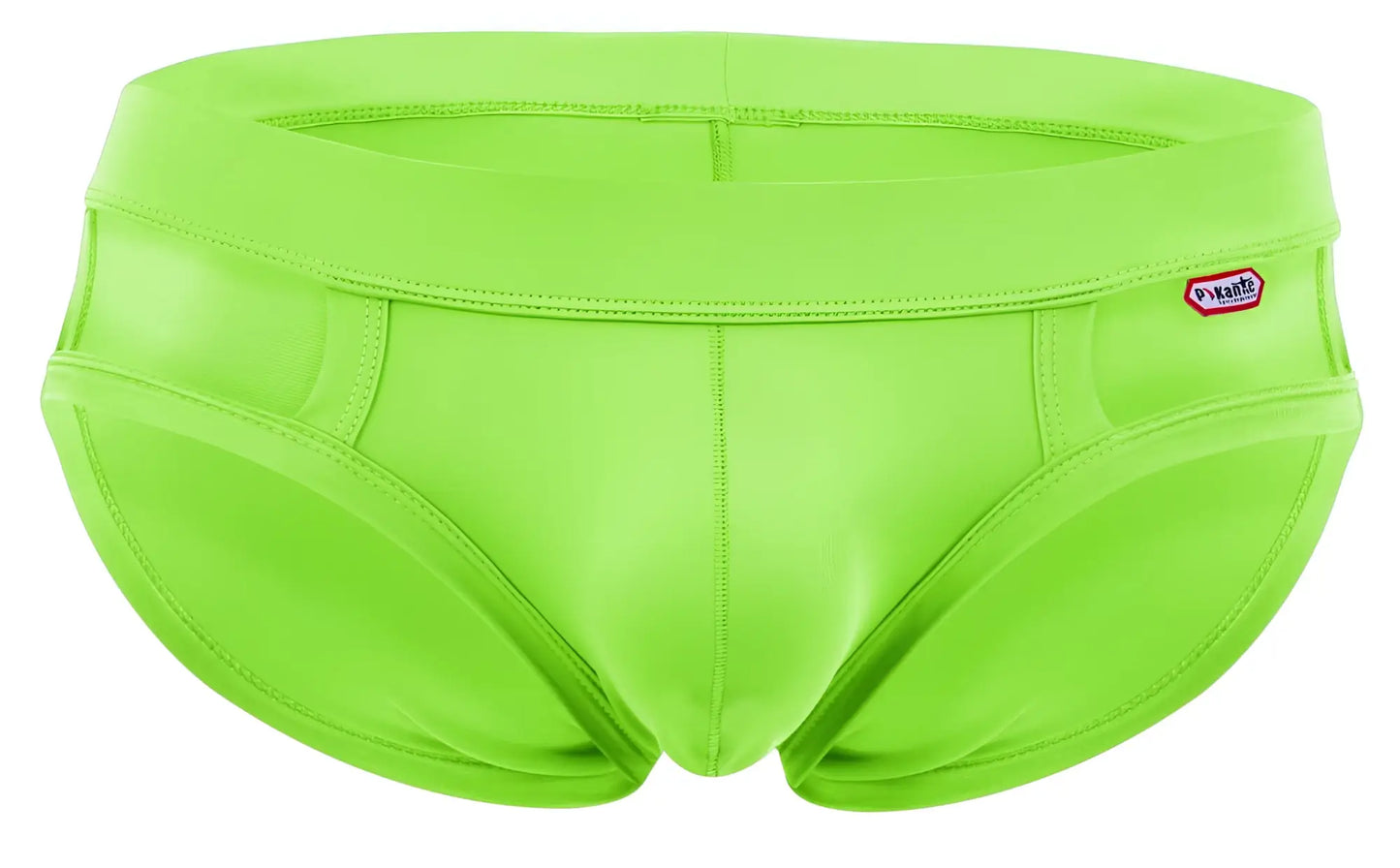 Bright lime green pikante pik 2114 lenox briefs snug men’s swim trunks with elastic waistband and brand tag on side