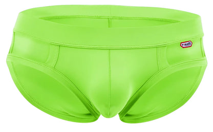 Bright lime green pikante pik 2114 lenox briefs snug men’s swim trunks with elastic waistband and brand tag on side