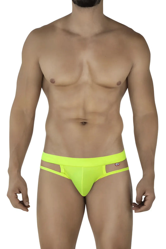 Pikante PIK 2114 Lenox briefs in neon green with bright yellow, sleek, form-fitting design and cut-out side panels
