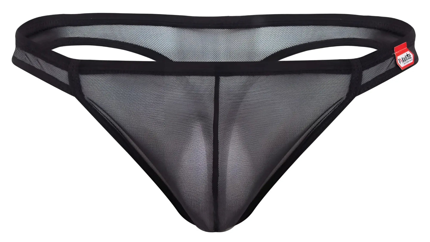 Black mesh thong with solid black elastic waistband and trim from pikante pik 2115 amusing thongs collection
