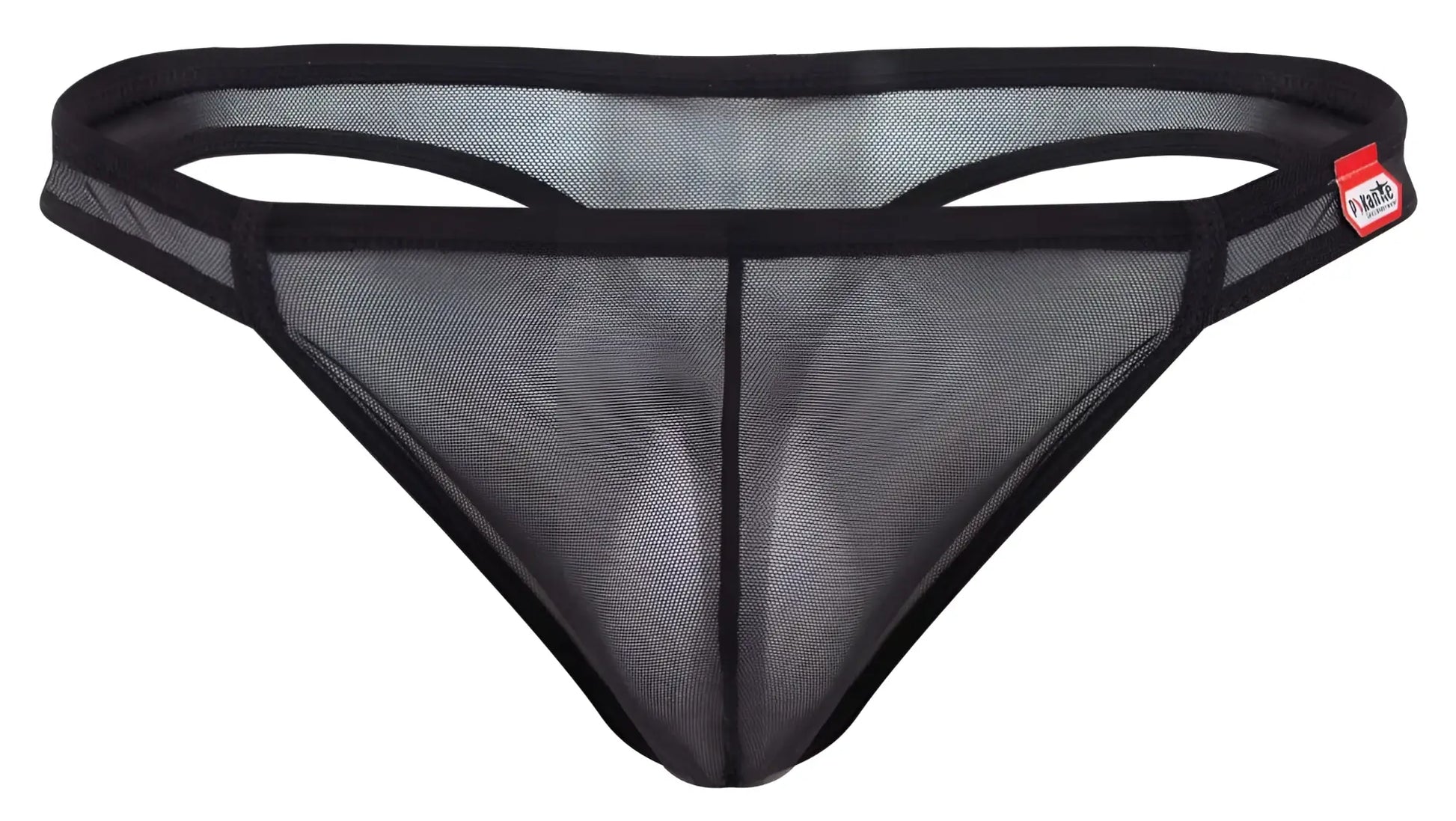 Black mesh thong with solid black elastic waistband and trim from pikante pik 2115 amusing thongs collection