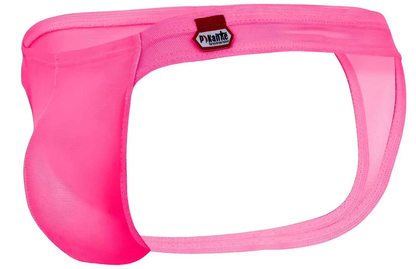 Bright pink sheer mesh men’s briefs with red and white dyante label on waistband pikante pik 2115 amusing thongs