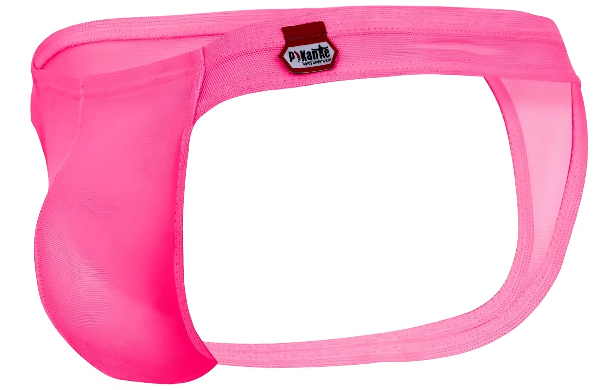 Bright pink sheer mesh men’s briefs with red and white dyante label on waistband pikante pik 2115 amusing thongs