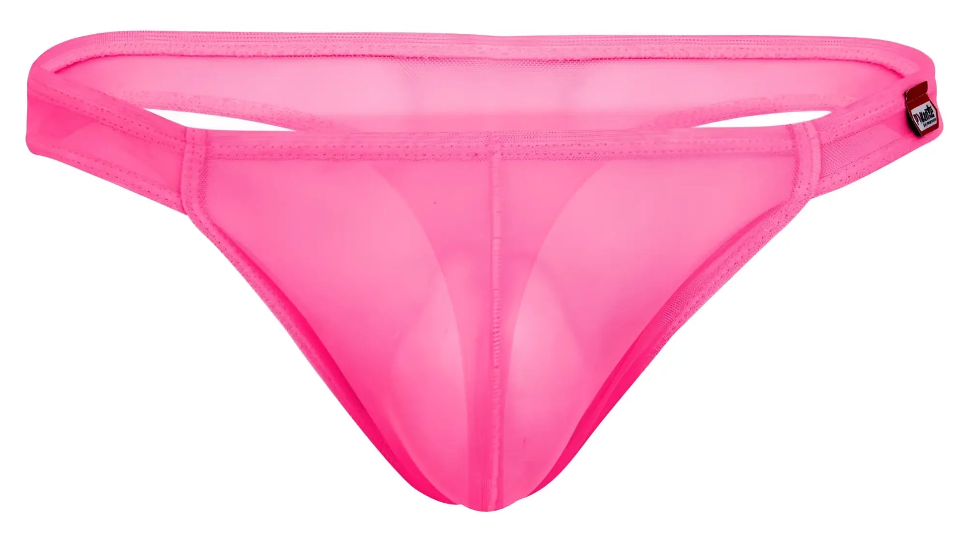 Bright pink sheer mesh thong pikante PIK 2115 amusing with red and black brand tag on right hipband back view