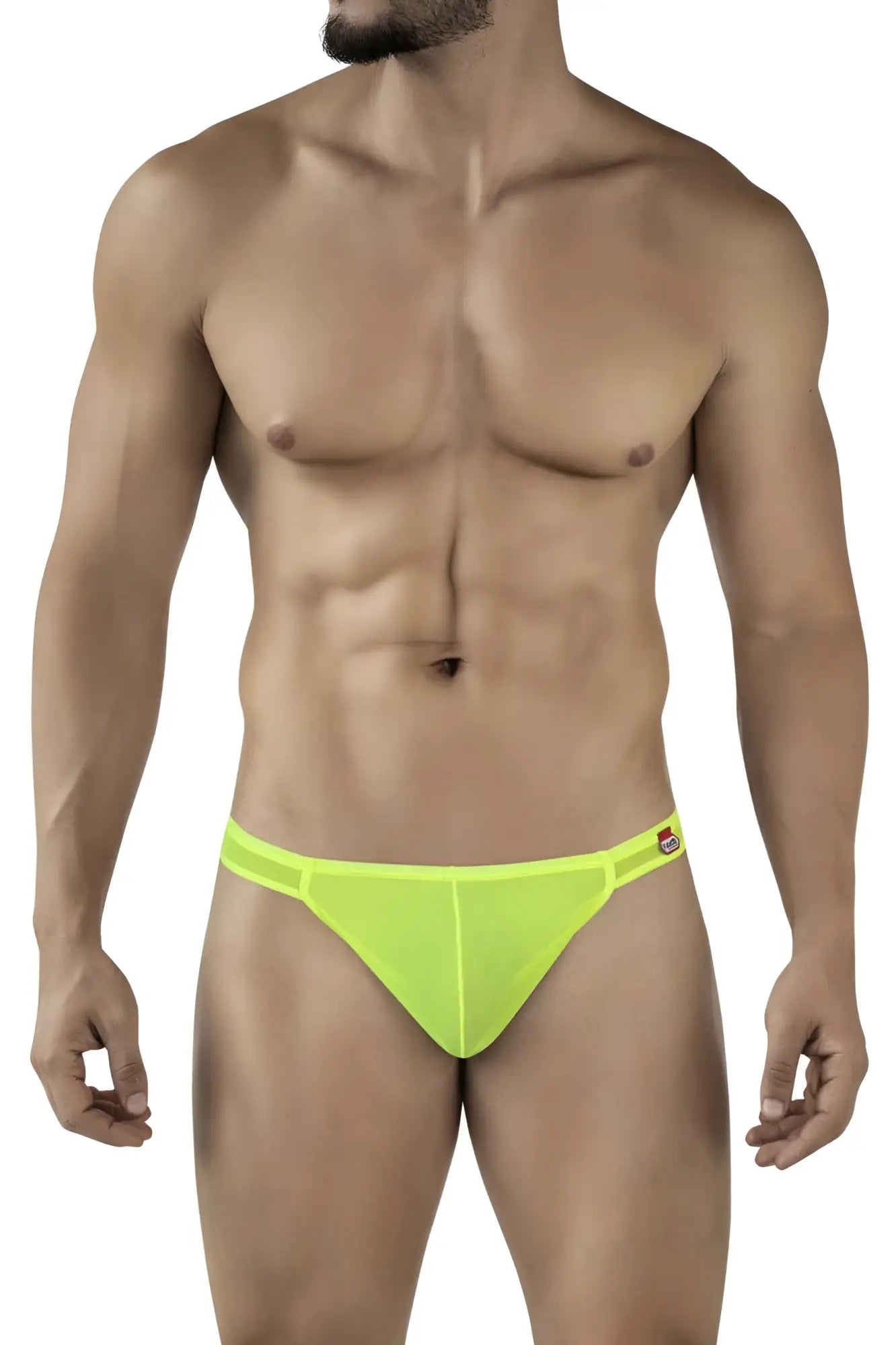 Bright neon green mesh briefs with a small logo on the sideband from pikante amusing thongs pik 2115 collection