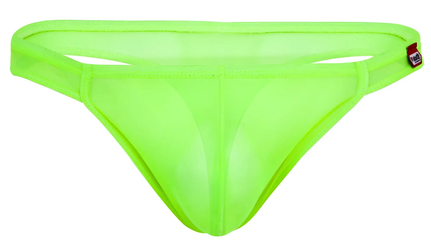 Neon green sheer mesh thong with red and white pikante brand tag on the waistband pik 2115 amusing thongs