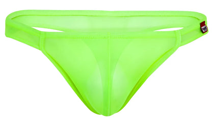 Neon green sheer mesh thong with red and white pikante brand tag on the waistband pik 2115 amusing thongs