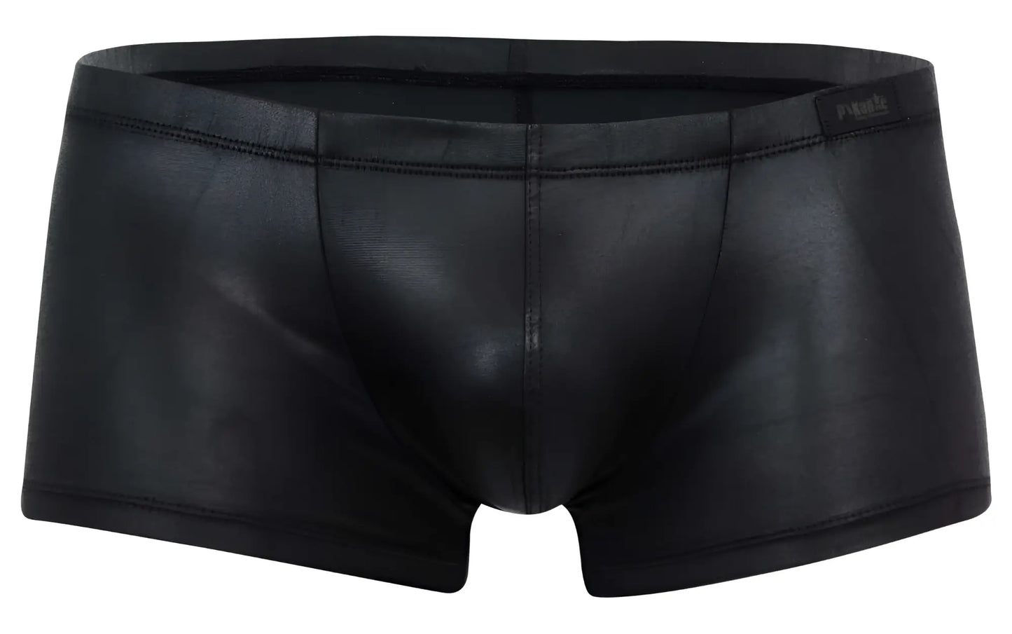 Black faux leather pikante pík 2116 candy trunks briefs with sleek glossy finish and subtle stitching details
