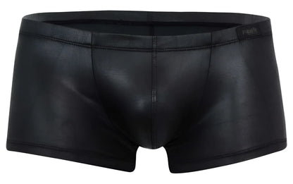 Black faux leather pikante pík 2116 candy trunks briefs with sleek glossy finish and subtle stitching details