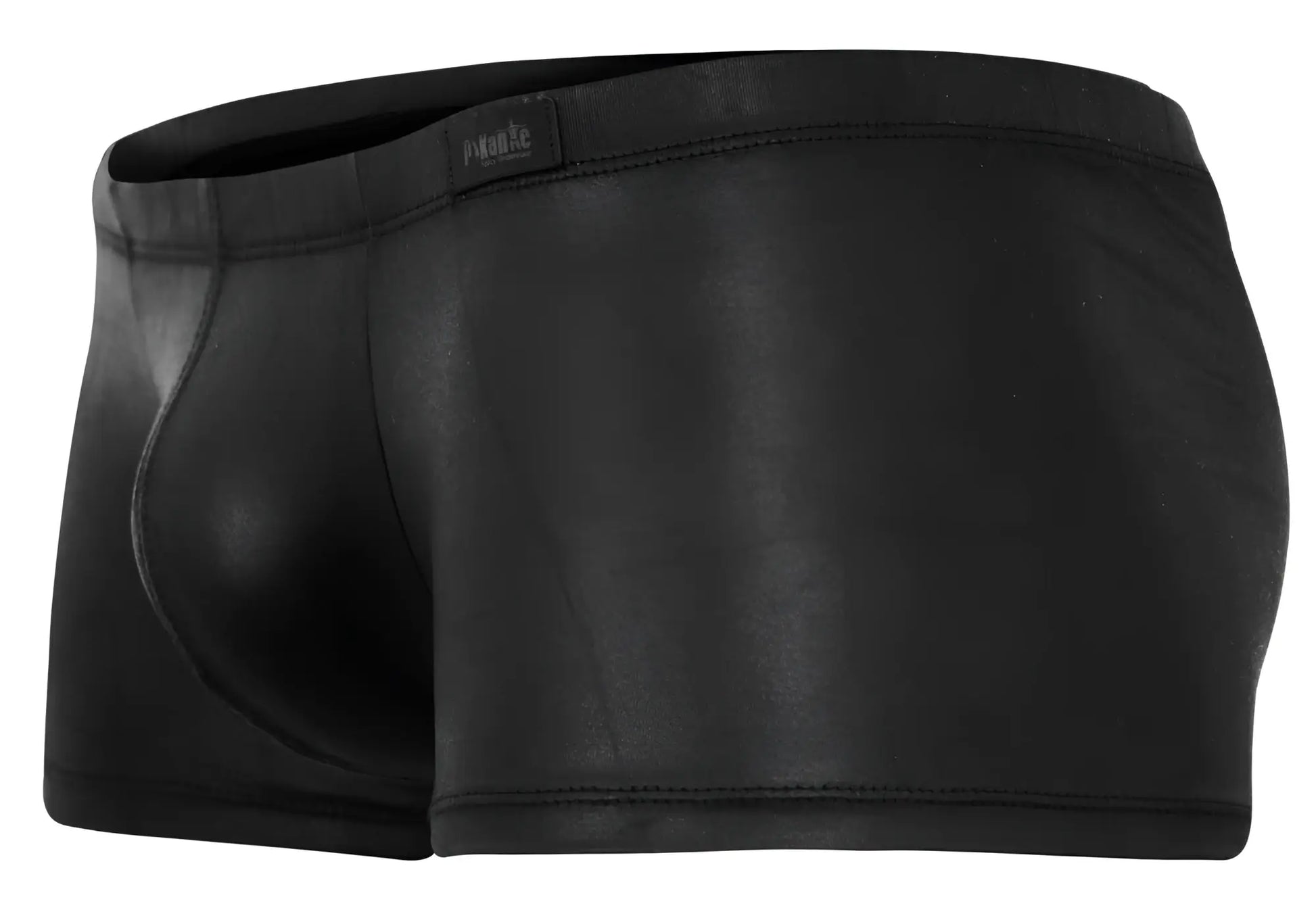 Black glossy faux leather briefs with sleek form fit and subtle pikante brand tag on waistband called pik 2116 candy trunks