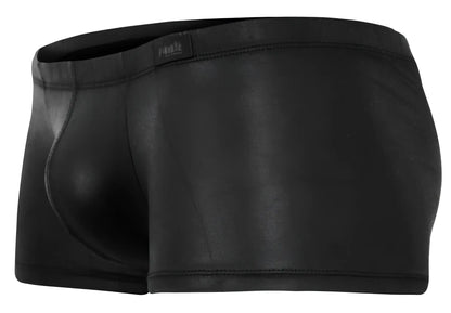 Black glossy faux leather briefs with sleek form fit and subtle pikante brand tag on waistband called pik 2116 candy trunks