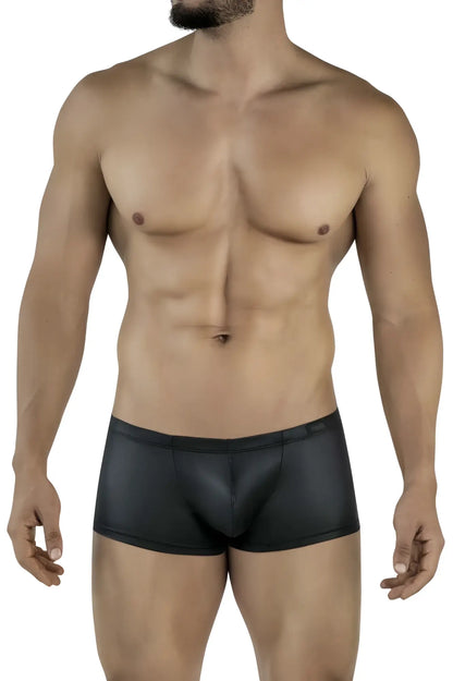 Black sleek form-fitting briefs with a smooth glossy finish pikante pik 2116 candy trunks color black front view