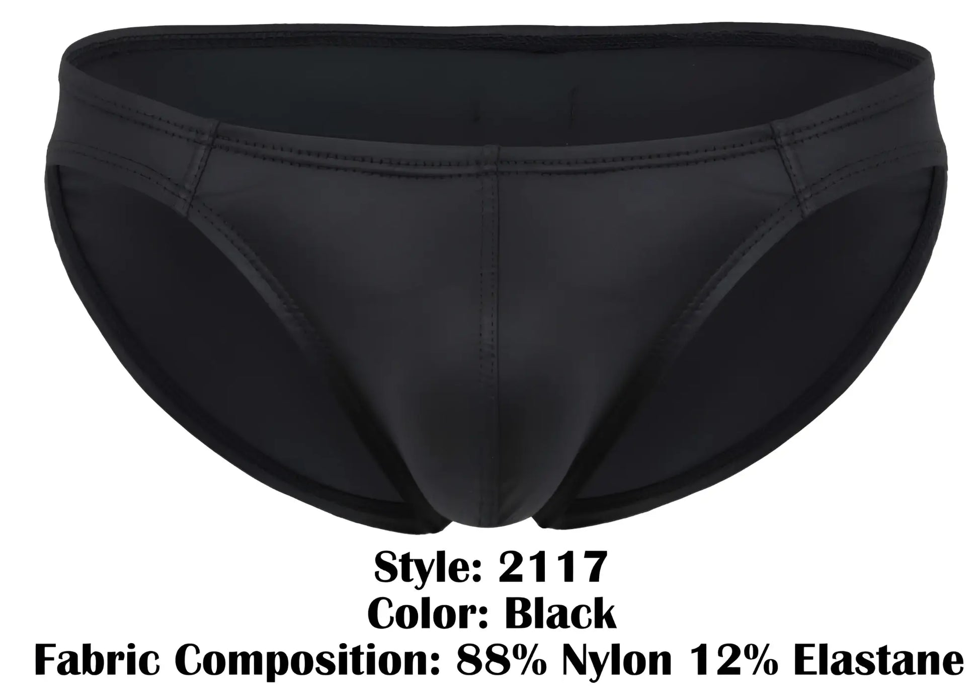 Black pikante pik 2117 candy briefs made of 88% nylon 12% elastane with sleek stitching on waistband