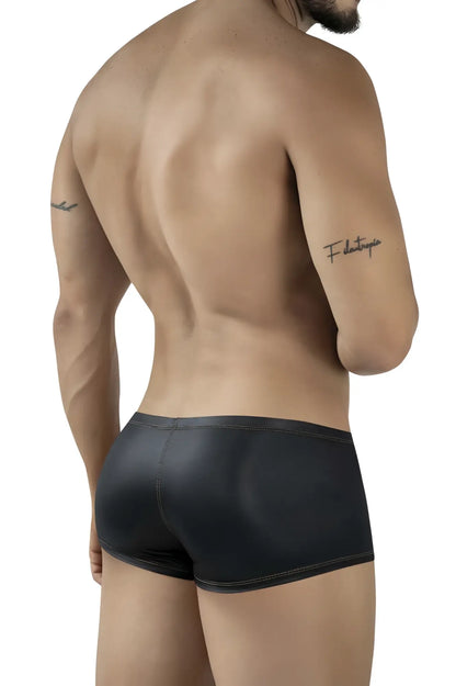 Black glossy faux leather Pikante PIK 2120 Gold Cup trunks with a sleek form-fitting design front view
