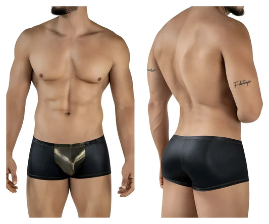 Pikante pik 2120 gold cup trunks are black leather-like briefs with a shiny gold metallic front panel