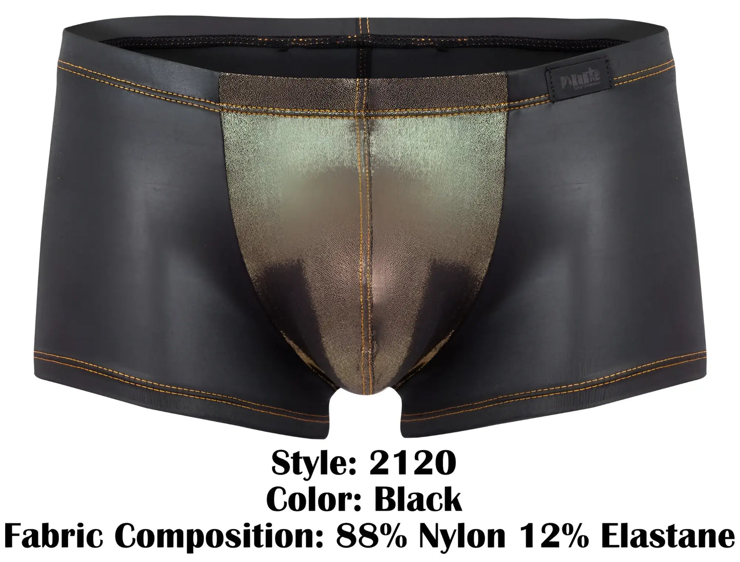 Black mens briefs pikante pik 2120 gold cup trunks with metallic gold center panel reinforced stitching and branded waistband