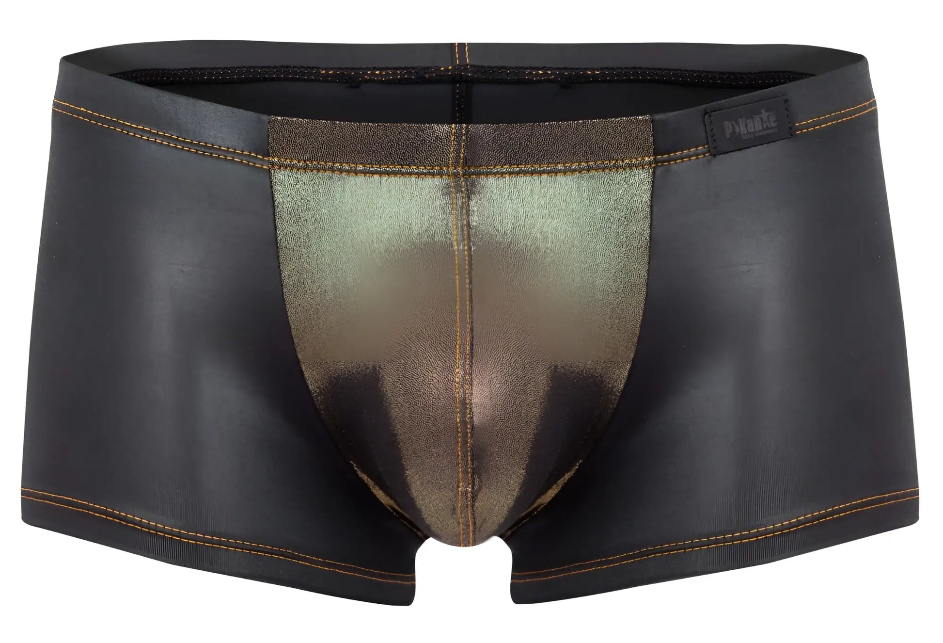 Black and metallic gold shimmering pikante PIK 2120 gold cup trunks with faux leather texture and contrasting stitching