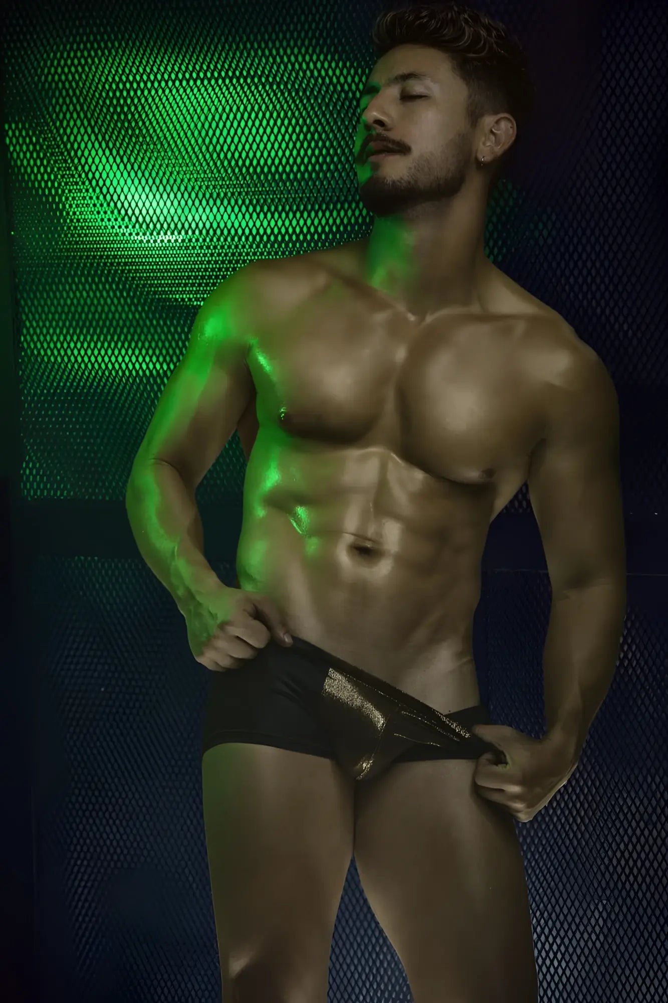 Black Pikante PIK 2120 Gold Cup trunks with metallic gold trim along the side seam in briefs style