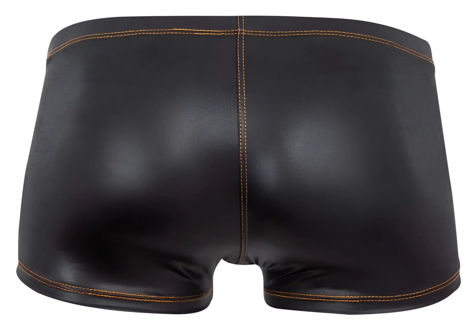 Black shiny faux leather briefs with tan stitching pikante pik 2120 gold cup trunks color black front view