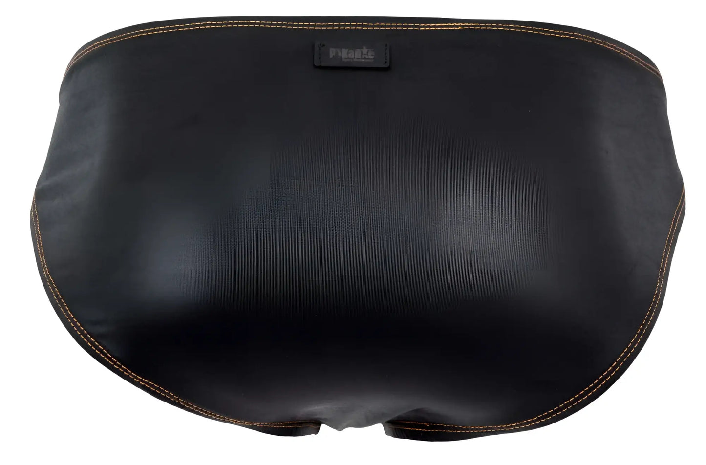 Black leather-backed massage cushion with tan stitching and brand tag for pikante pik 2121 gold cup briefs black