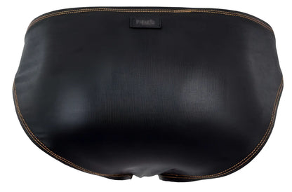 Black leather-backed massage cushion with tan stitching and brand tag for pikante pik 2121 gold cup briefs black