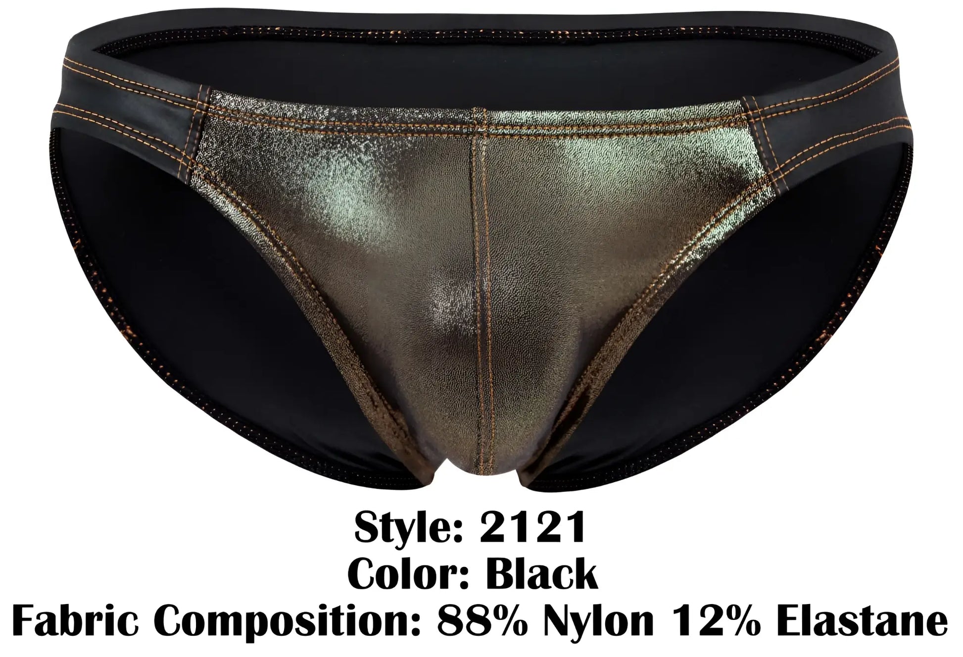 Black metallic gold bikini bottom with shiny reflective surface and black elastic trim from pikante pik 2121 gold cup briefs