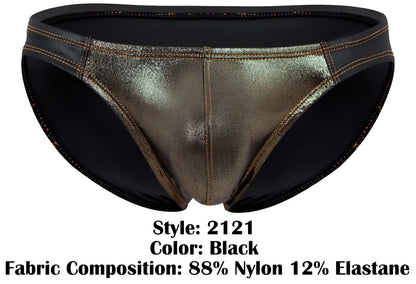 Black metallic gold bikini bottom with shiny reflective surface and black elastic trim from pikante pik 2121 gold cup briefs