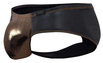 Pikante pik 2122 gold cup briefs in black leather with metallic bronze accents and contrasting stitching visible from front