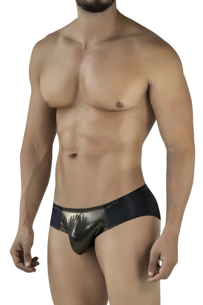 Pikante pik 2122 gold cup briefs in black with shiny metallic gold reflective finish for bold stylish wear