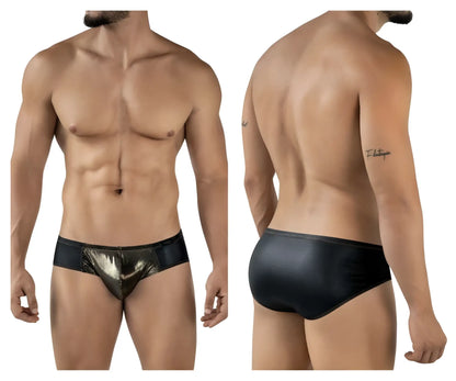 Pikante PIK 2122 gold cup briefs in black with metallic gold shiny front panel swim trunks for men