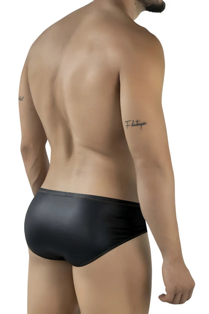 Black sleek glossy pikante PIK 2122 Gold Cup briefs swim trunks with contrasting stitching for swimwear use