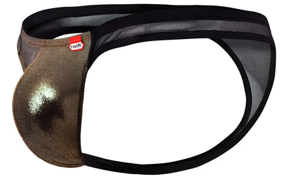 Bronze metallic mesh thong with black elastic waistband and pikante brand tag in gold cup thongs color black