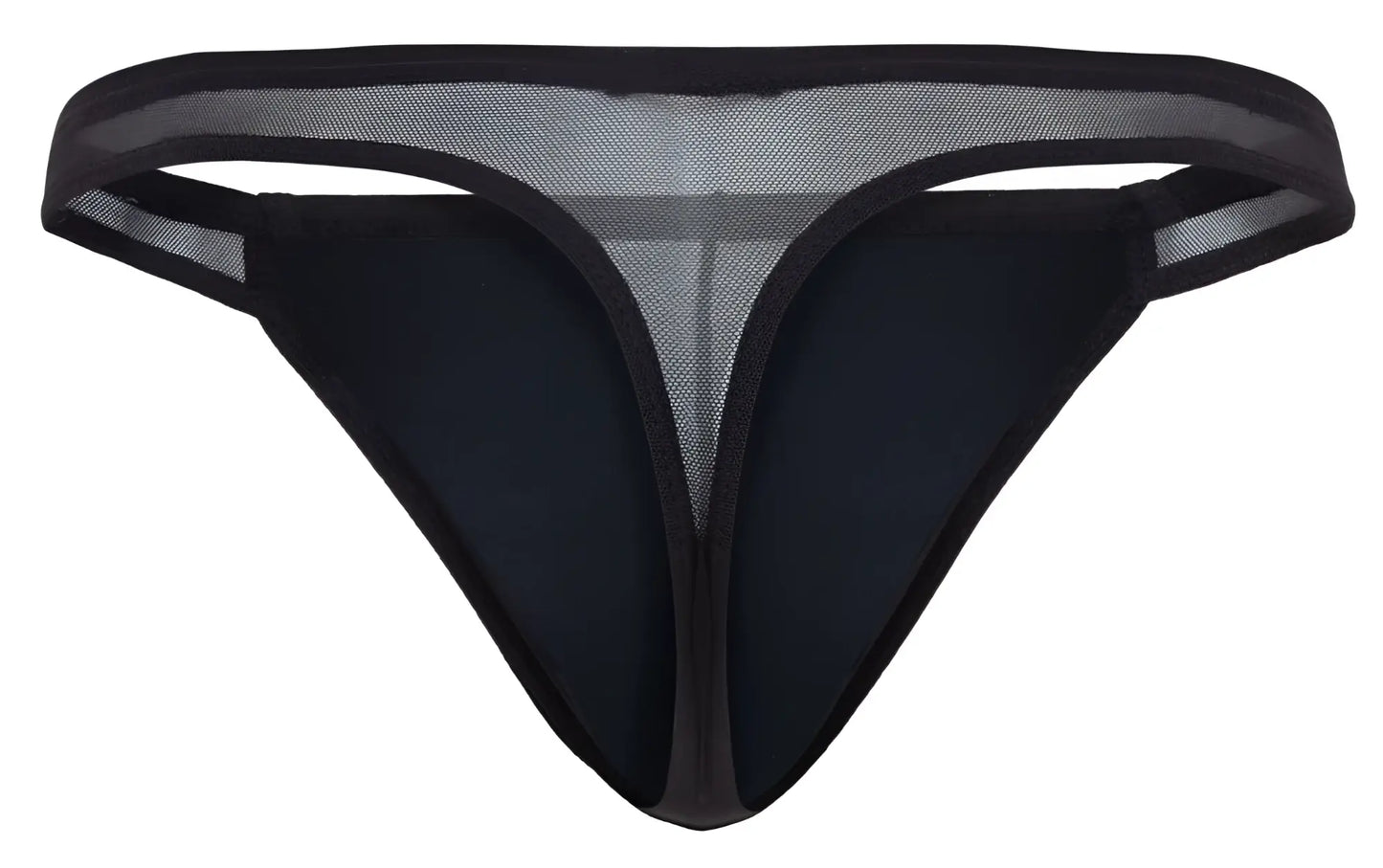 Black mesh thong with solid black fabric front and trim from Pikante PIK 2123 Gold Cup thongs collection