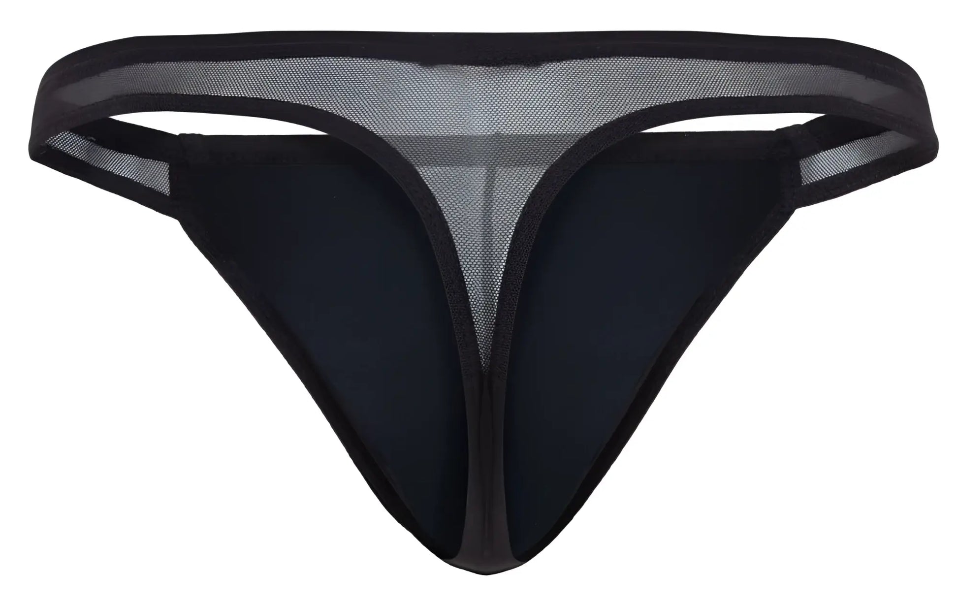 Black mesh thong with solid black fabric front and trim from Pikante PIK 2123 Gold Cup thongs collection