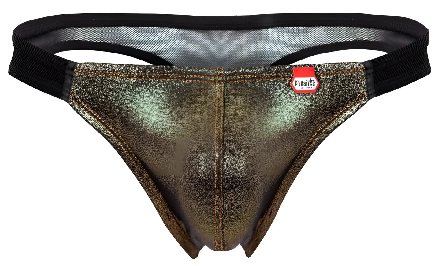Pikante PIK 2123 Gold Cup thong in metallic bronze fabric with black elastic waistband and red brand tag visible