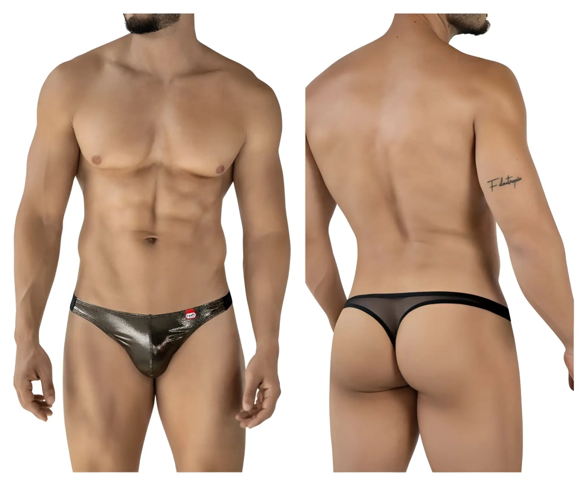Black pikante PIK 2123 Gold Cup thong with shiny metallic silver front and black mesh back panel shown from back