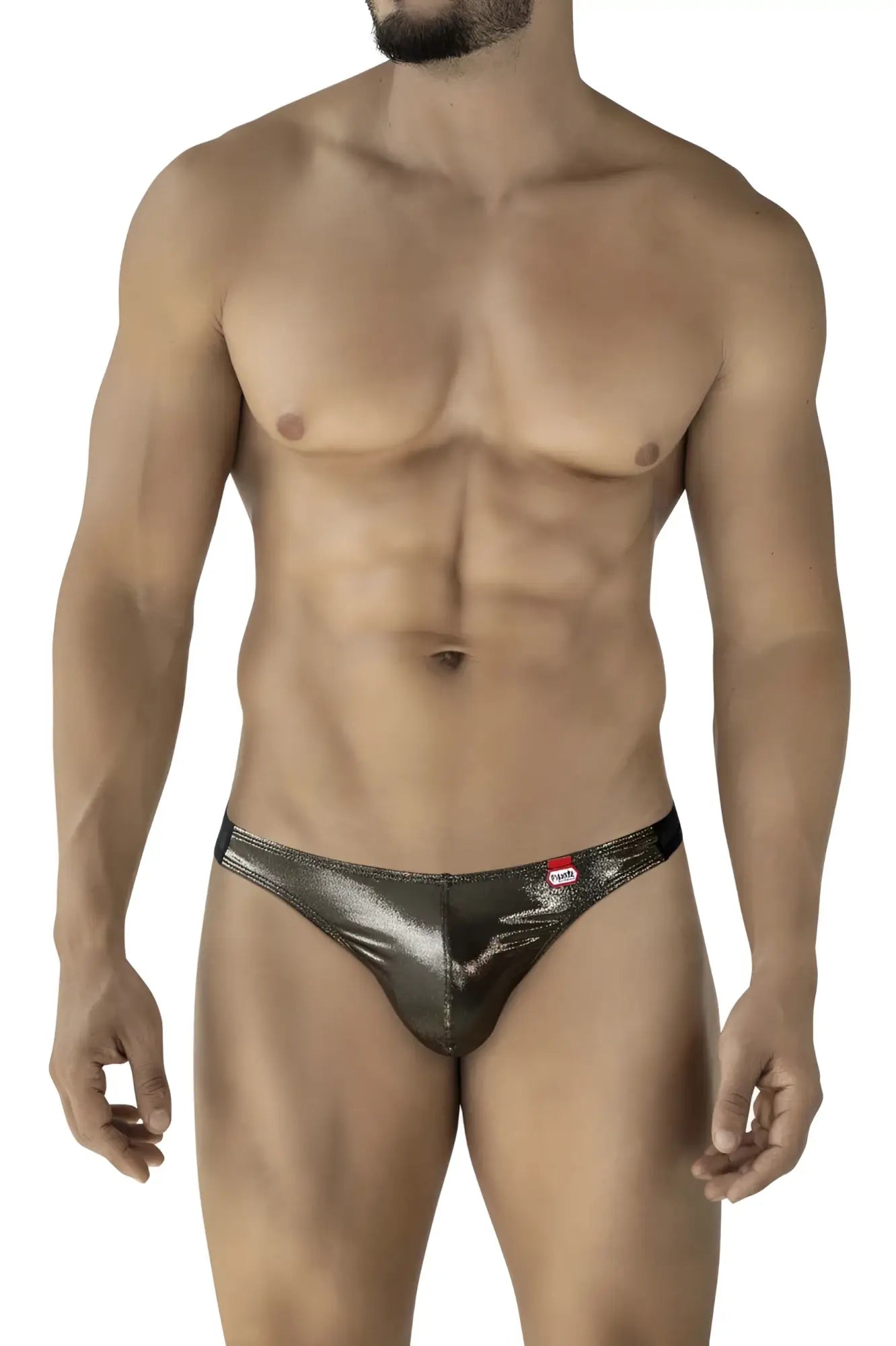 Shiny metallic silver thong with a sleek form-fitting design and a small red Pikante brand tag on the waistband