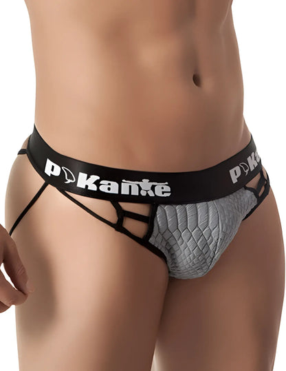 Black and gray patterned pikante son of poseidon thong underwear with snake-skin texture and poke kanke logo on waistband