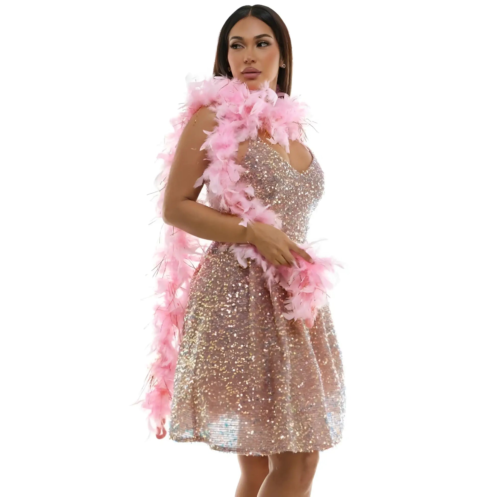 A shimmering rose gold sequined mini dress with a v-neckline and flared skirt paired with a pink feather boa