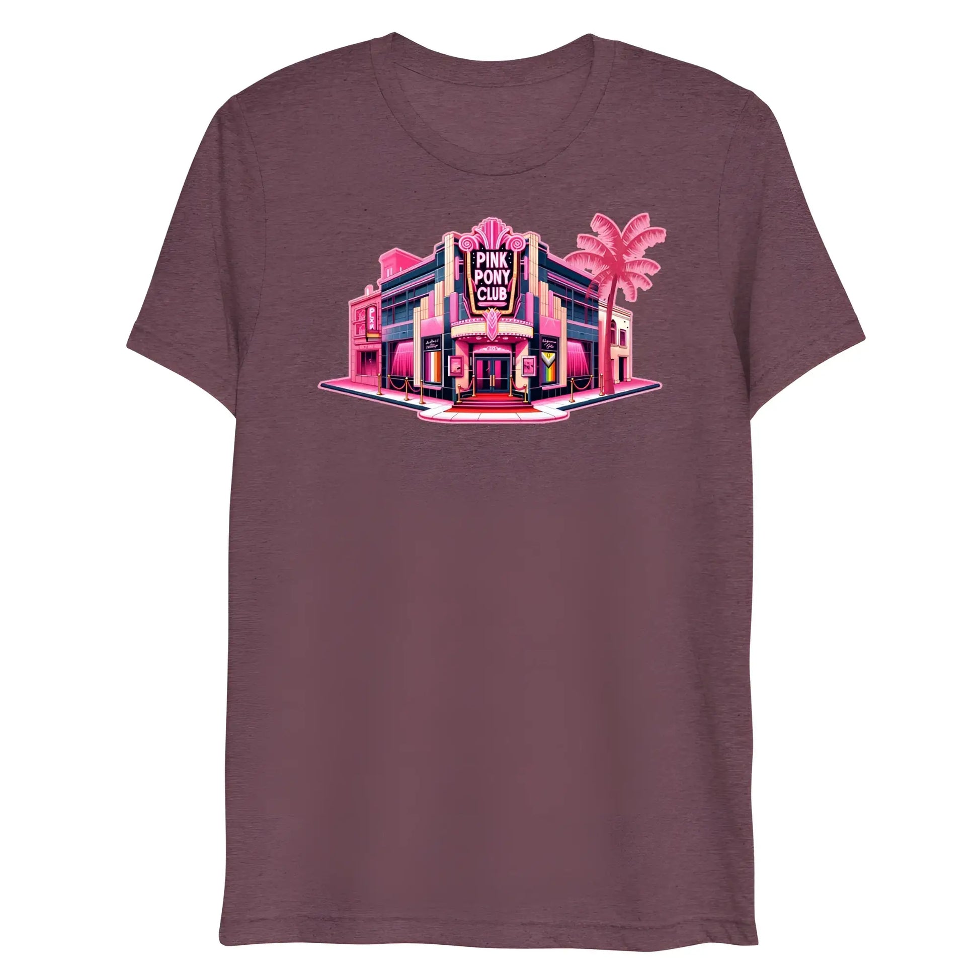 Maroon heathered cotton t-shirt with neon pink and purple graphic of the pink pony club building titled pink pony club
