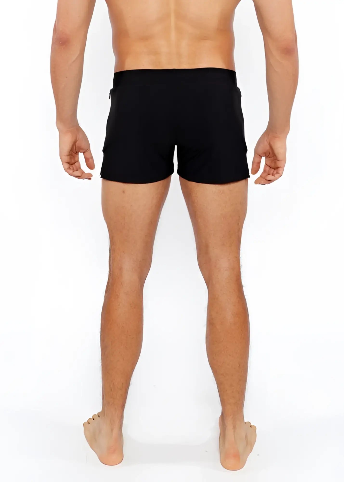 Black pinstripe swim short with sleek form-fitting design and subtle side pockets for athletic use