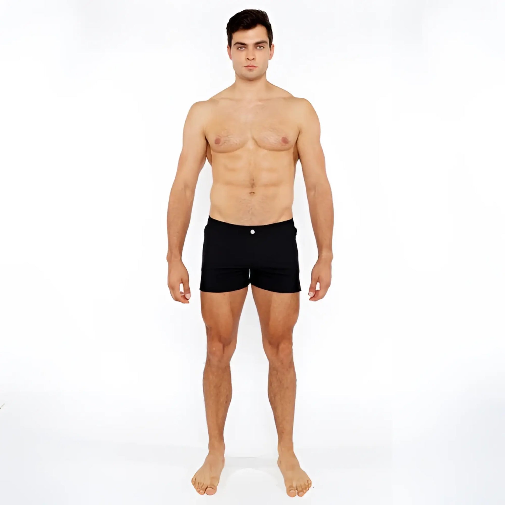 Black pinstripe swim short with a single white button at the waistband designed as briefs for swimming