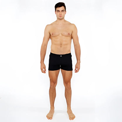 Black pinstripe swim short with a single white button at the waistband designed as briefs for swimming